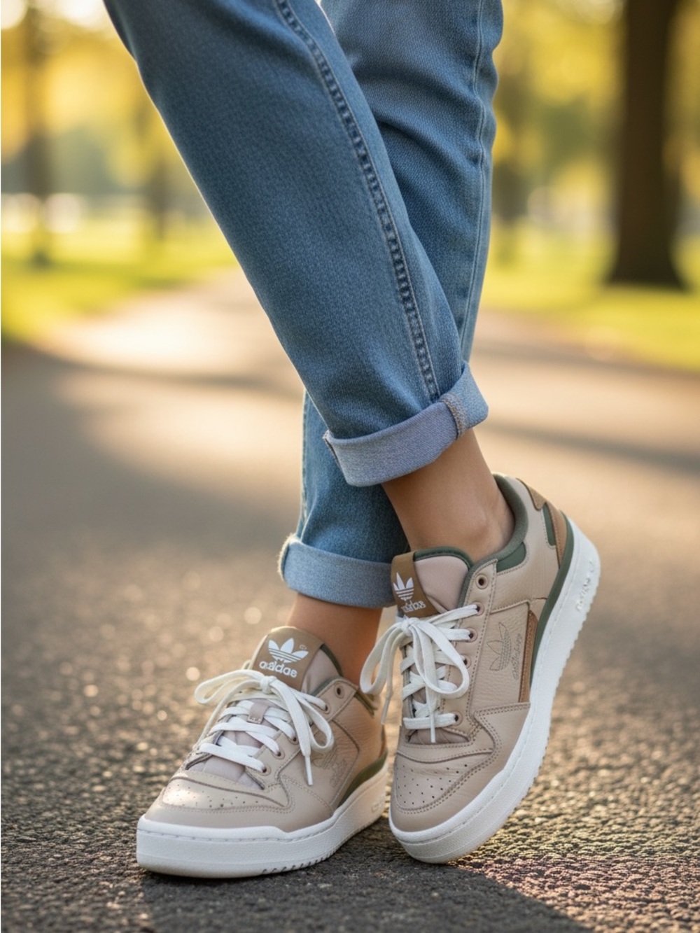 adidas Beige and Green Low-Top Leather Sneakers